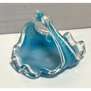 Vtg Murano Style Glass Art Twisted Handle Basket Bowl Beveled Edge Blue Dish